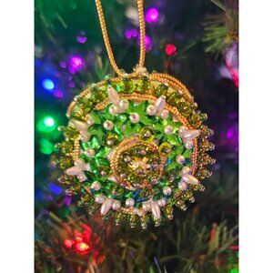 Vintage Beaded Ornament With Green & Gold Pearly pin Accents
